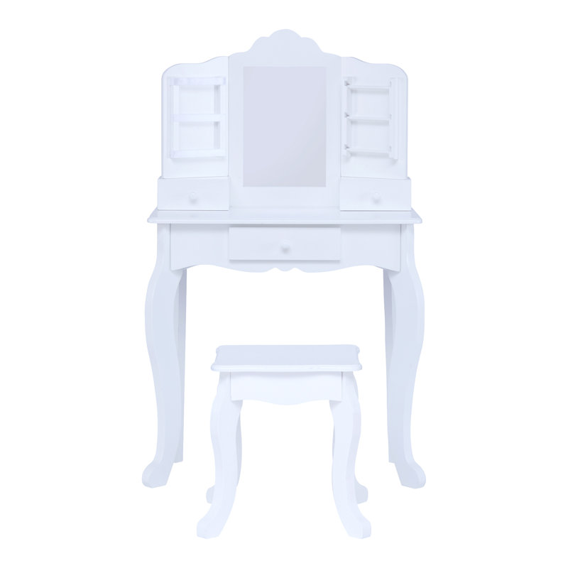 Teamson Kids Little Princess Wooden 2pc. Vanity Table & Stool Set with Mirror & Jewelry Organizers for Pretend Makeup Play and Bedroom Storage
