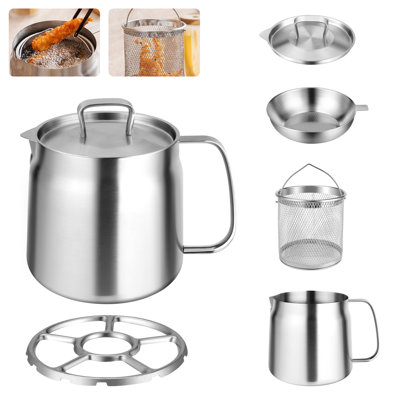 Pot à filtre à huile en acier inoxydable, bac à graisse pour bac à huile de cuisine de grande capacité avec crépine, panier à friture, couvercle à poussière et plateau antidérapant pour l'huile de friture et la graisse de cuisson, 1,5 L / 51 oz