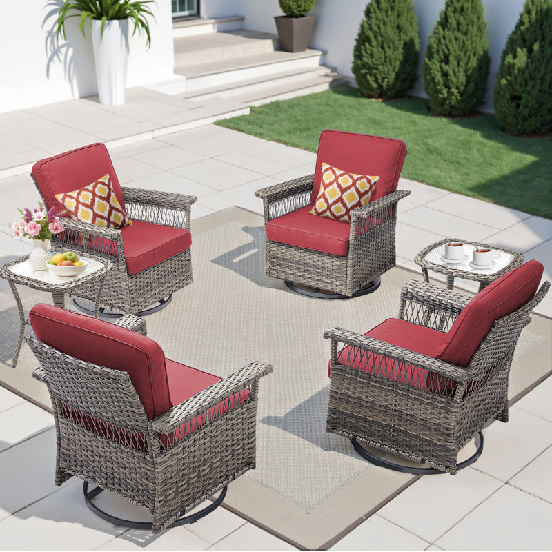 Swivel PE Wicker Rattan Outdoor Rocking Chairs Set With Side Table (4 Chairs And 2 Side Table), Red