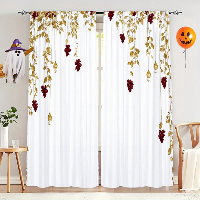 2 pièces de fleurs rouges à motif de feuilles d'or, rideaux de fenêtre élégants sur le thème de la nature pour le salon, la cuisine de la chambre à coucher, le traitement de poche de tringle, le cadeau de décoration de la maison