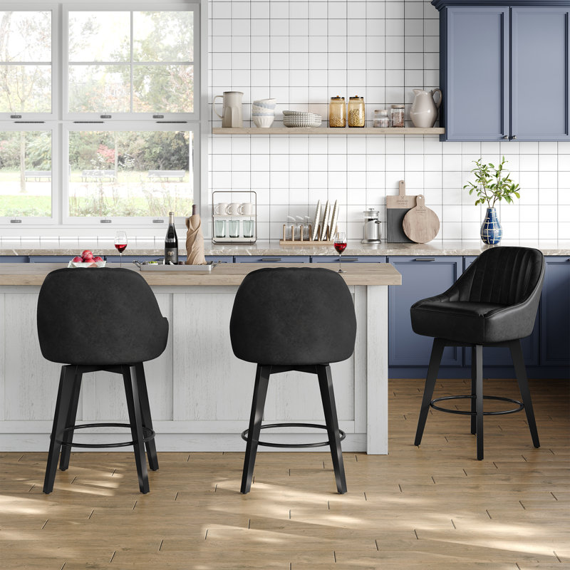Swivel Upholstered Counter Stool with Metal Frame, BLACK, 3