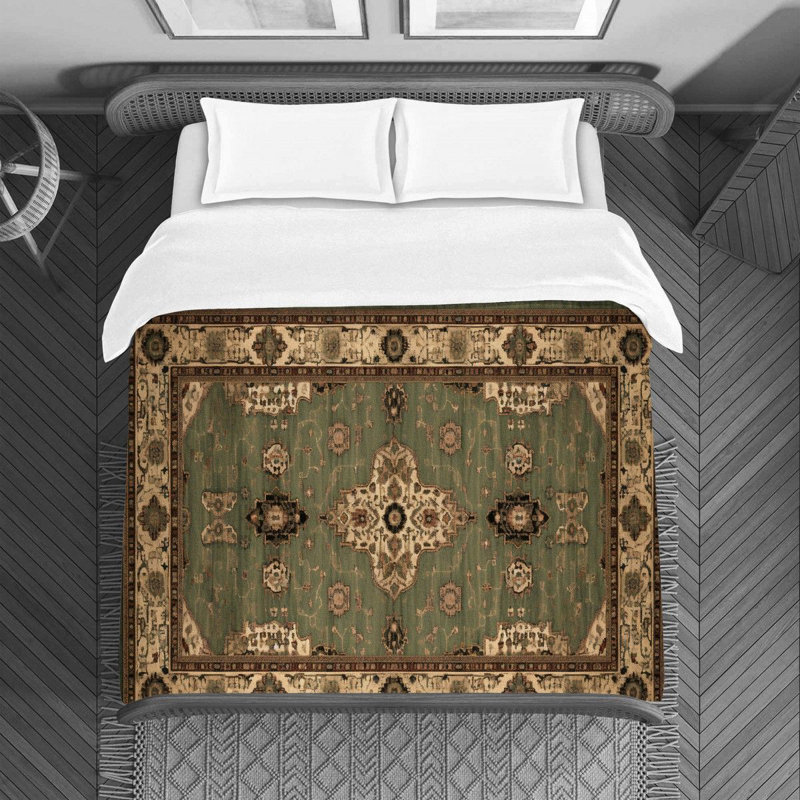 Machine Printed Duvet Cover, Green/Beige/Brown Oushak, Queen Duvet Cover