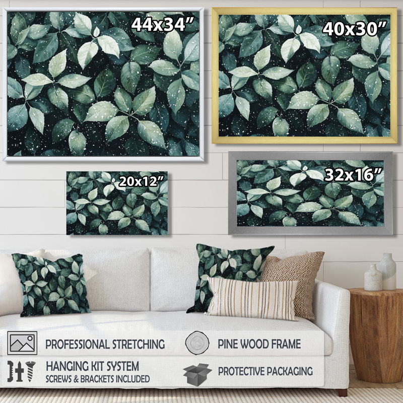 Evergreen Leaves In Snow I - Leaves, art mural, H 12 po x l 20 po, Impression encadrée flottante, Crème, crème