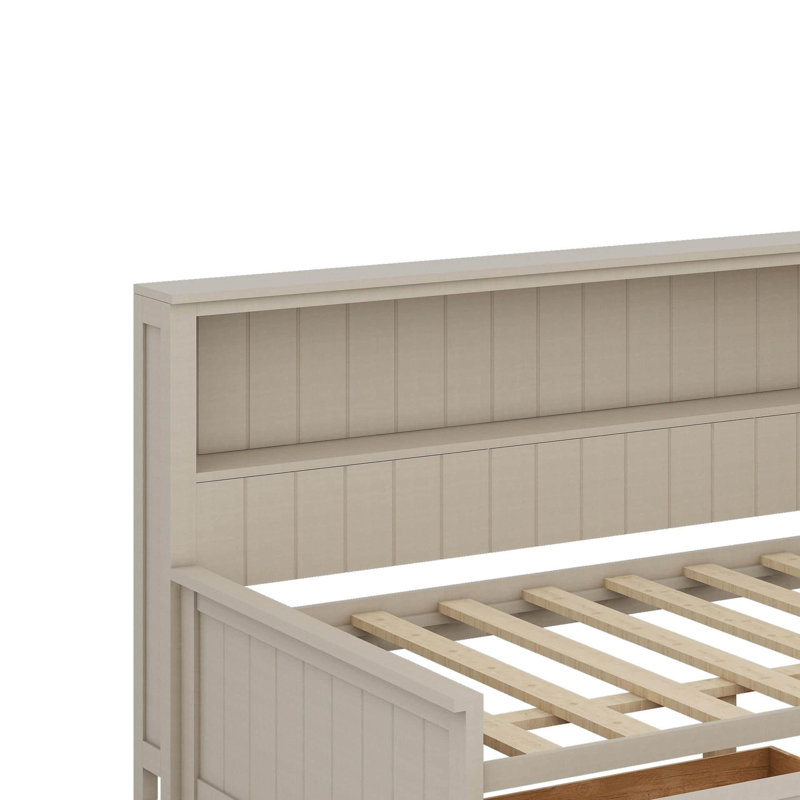 Lit de jour en bois avec tablettes et tiroirs de rangement, Lit simple