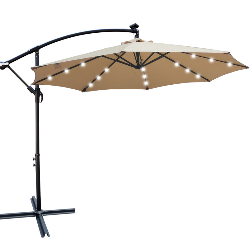 Parasol de patio à DEL solaire brun clair 10 pi - tissu respirant, 8 nervures, manivelle pour éclairage extérieur de la piscine