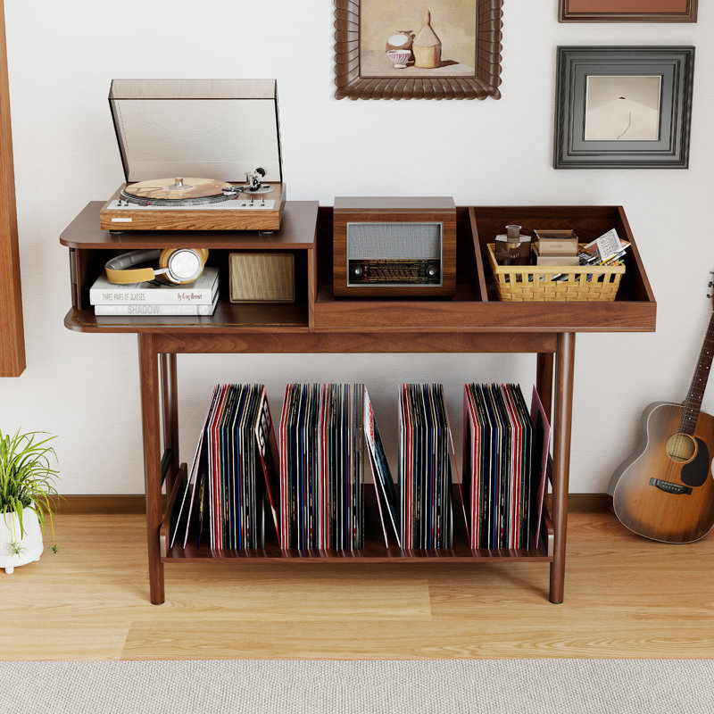 Large Record Player Stand, Vinyl Record Storage With Fluted Sliding Door, Media Turntable Stand, Stereo Cabinet With Door