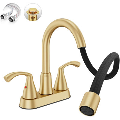 Robinet de lavabo de salle de bain central brossé 4 po avec douchette extractible, acier inoxydable sans plomb, bonde escamotable en métal, conduites d'alimentation en eau, robinet de buanderie utilitaire pour éviers à 3 trous