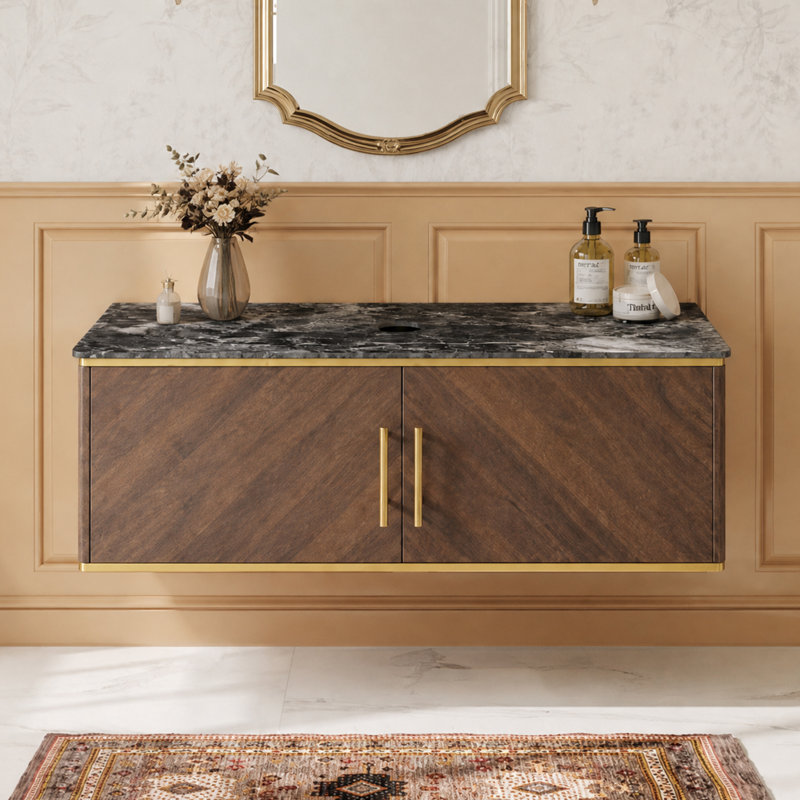 Meuble-lavabo mural avec plateau en pierre frittée, meuble de rangement suspendu pour salle de bain, fini noyer (lavabo non inclus)