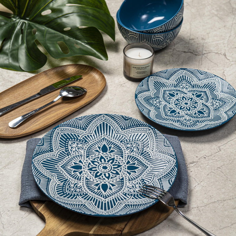 12-Piece Blue Floral Ceramic Dinnerware Set for 4
