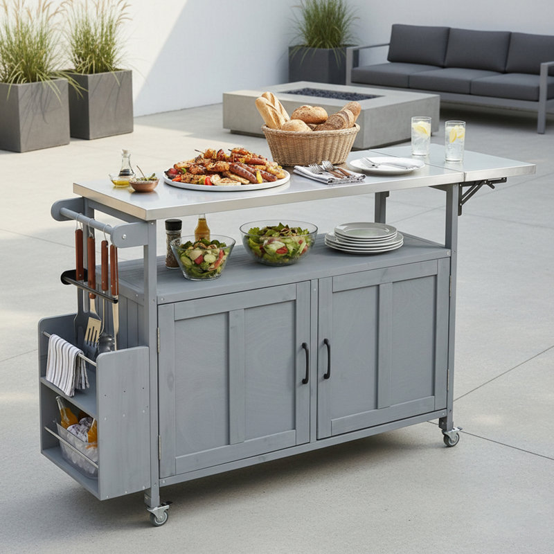 Îlot de cuisine extérieur pliable avec roues verrouillables et porte-serviettes, Gris