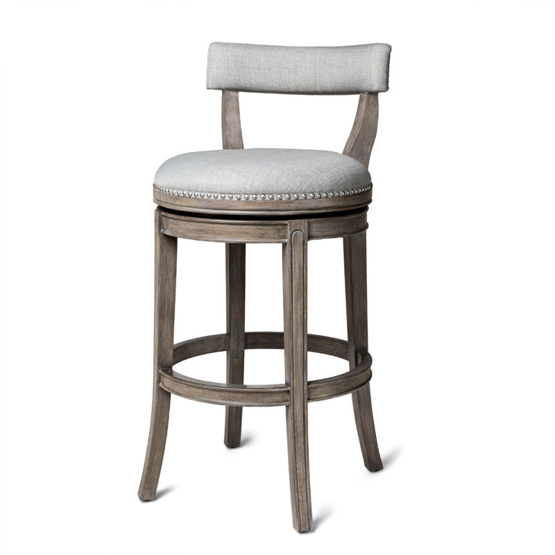 Alexander Reclaimed Oak Swivel Bar Stool with Ash Grey Upholstery