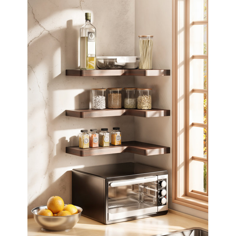 Set of 2 Solid Acacia Wood Corner Floating Shelf 17” X 12" For Wall Storage (Walnut), Walnut