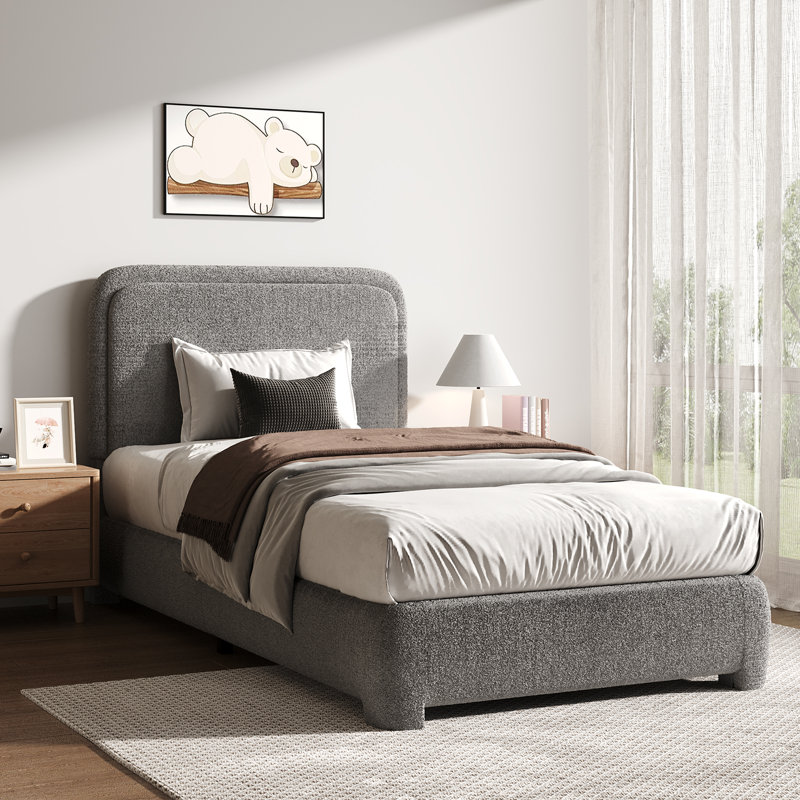 Lit plateforme tapissier Bensu Boucle, Lit simple, Gris clair
