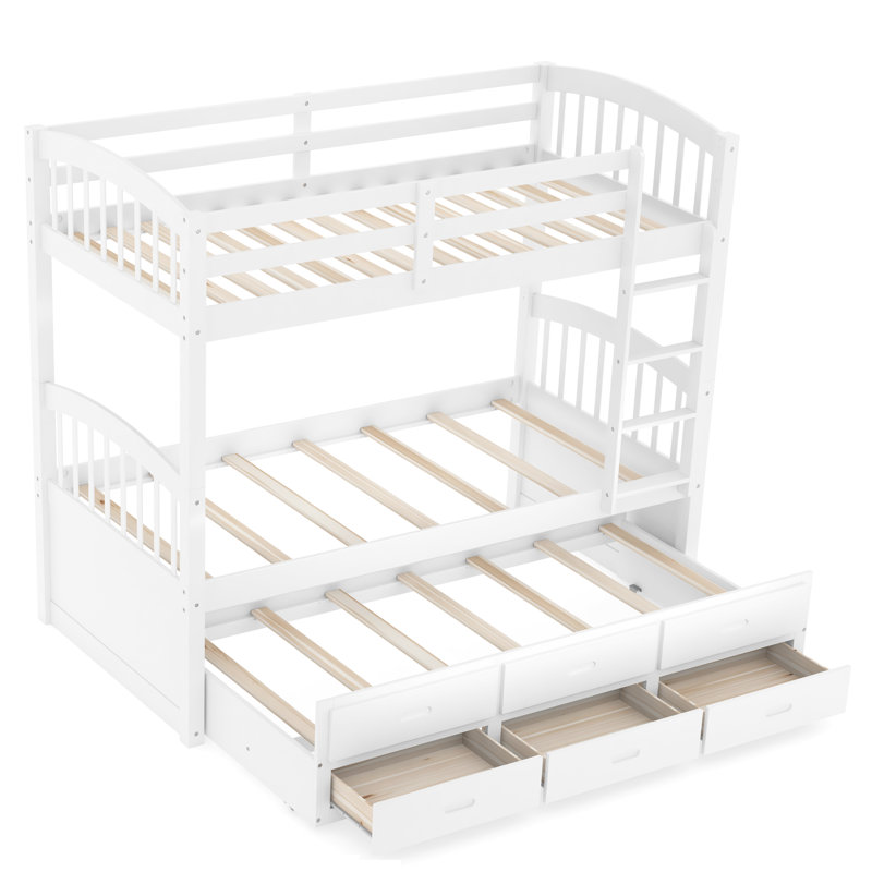 Lit superposé simple en bois avec lit gigogne et tiroirs, Blanc