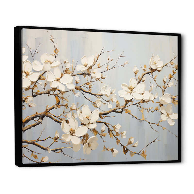 «White Dogwood Blossom Escape I» sur toile, Cadre flottant noir, H 30 po x l 40 po x P 1,5 po