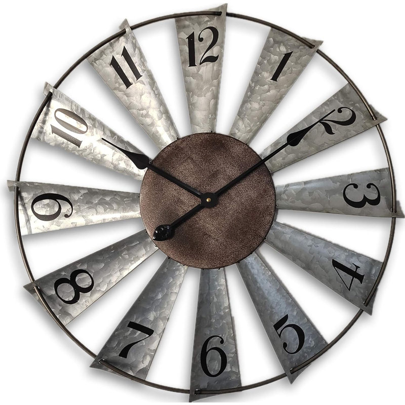 Oversized Distressed Metal Windmill Wall Clock with Rustic Finish