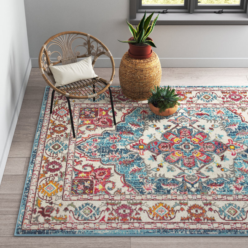 Olaughlin Power Loom Pink/Blue/Ivory Rug, Rectangle 107 x 168cm