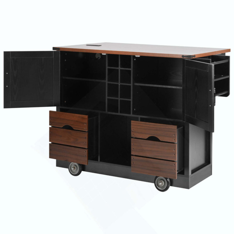 Îlot de cuisine de ferme avec abattant, prise de courant, chariot de rangement de cuisine avec 2 portes, 2 tiroirs, îlot de cuisine roulant sur 4 roues avec support à épices pour la cuisine, la salle à manger
