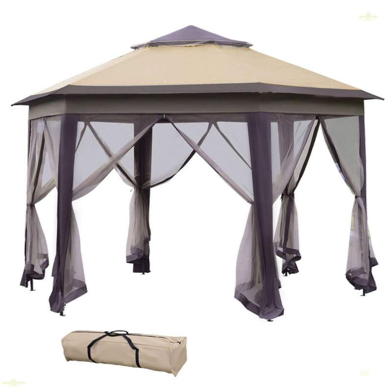 Pop Up Gazebo, Hexagonal Canopy Shelter With 6 Zippered Mesh Netting