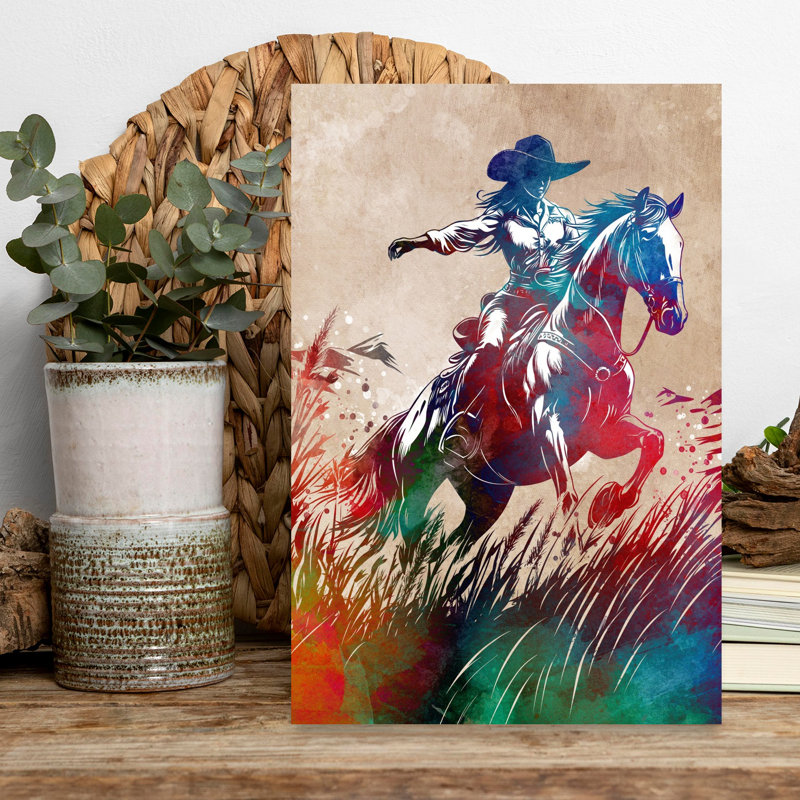«Dynamic Cowgirl Ride», art contemporain coloré cheval vibrant, 18" H x 12" W