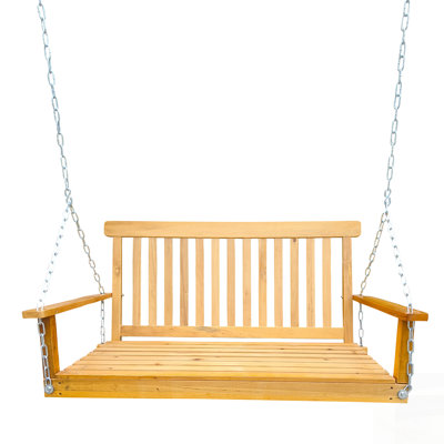 August Grove® Durable Wood Front Porch Swing With Armrests And Hanging Chains, For Outdoor Patio, Garden, Or Sunroom