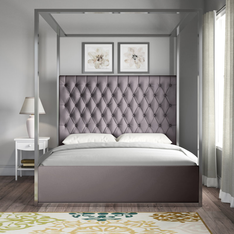 Porter Tufted Upholstered Canopy Bed, Queen, Grey Velvet