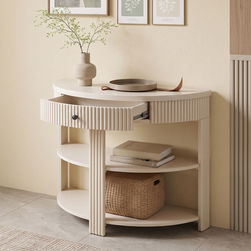 Console cannelée demi-lune avec tiroir et tablettes, Crème