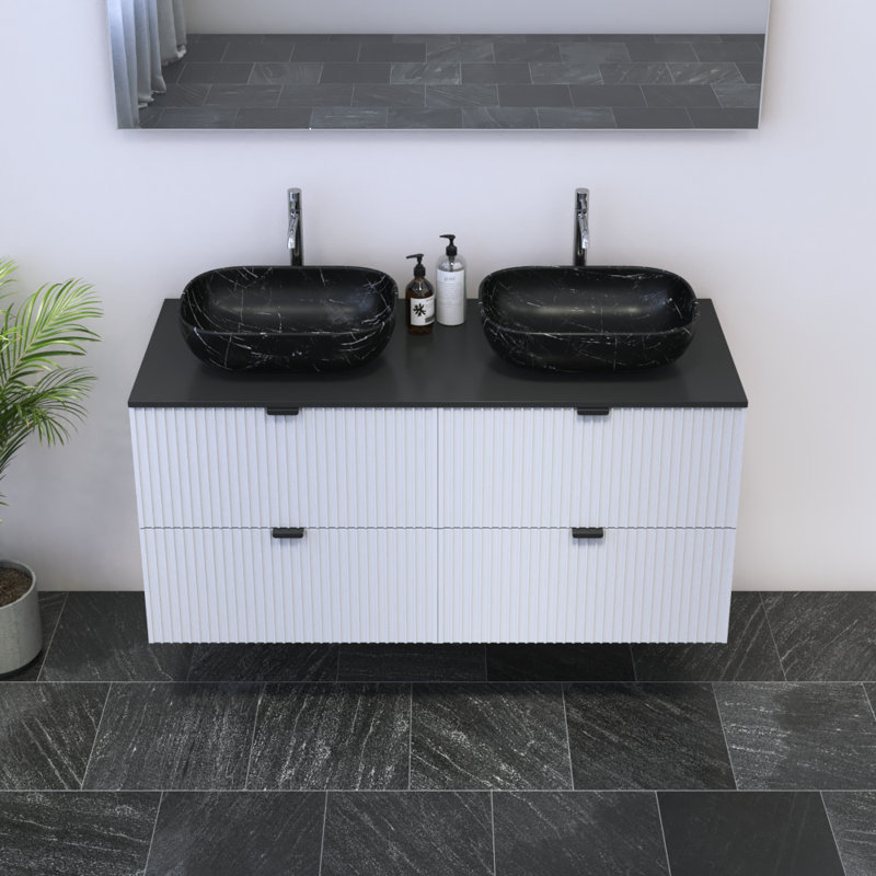 Ensemble de meuble-lavabo double 47,4 po avec plateau Lissia, Noir, Noir