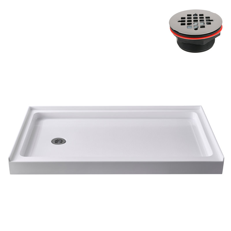 Glossy White Rectangular Acrylic Alcove Shower Base with Left Drain