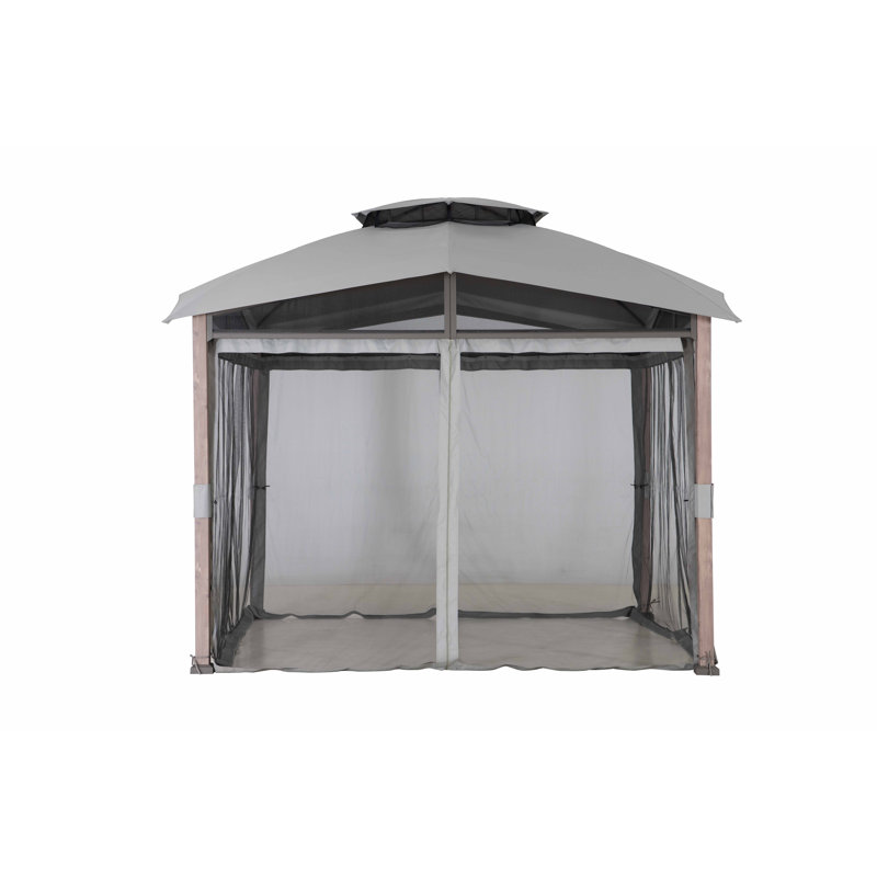 Gray Steel Frame Outdoor Gazebo with Mesh Netting and 2-Tier Roof