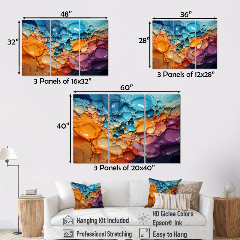 Symphonie orange et bleu goutte à goutte - ensemble d'art mural, Toile tendue, H 40 po x l 60 po x P 1 po