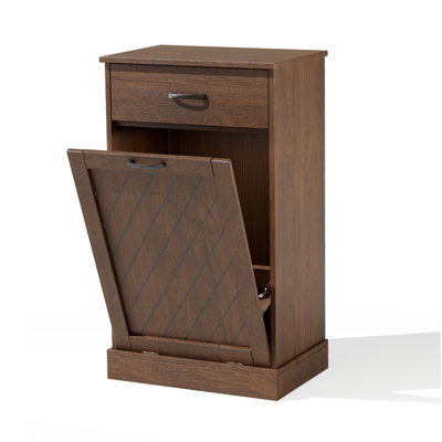 Tilt-Out 17 Gallons Hidden Garbage Trash Can Cabinet, Hidden Kitchen Trash Cabinet with Storage Drawer, Pet-Proof Wooden Garbage & Recycling Cabinet for Kitchen, Laundry & Living Room, Natural Wood