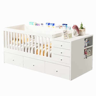 Convertible Crib To Daybed With Drawers,2-In-1 Baby Crib With Solid Wood Guardrails,Changing Table & Storage Drawers,Compatible With Standard Us Toddl