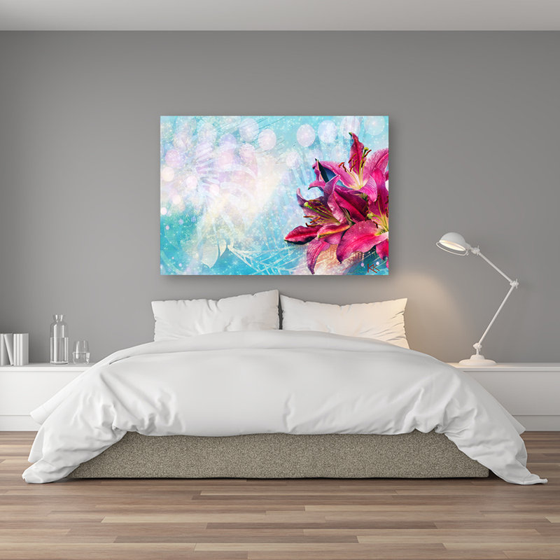 Pink Flowers On A Blue Background - No Frame Print on Canvas, 60cm H x 90cm W