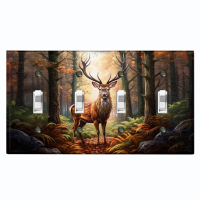 Couvercle de plaque d'interrupteur en métal; Bascule à 4 bandes US Standard - cerf dans la forêt d'automne