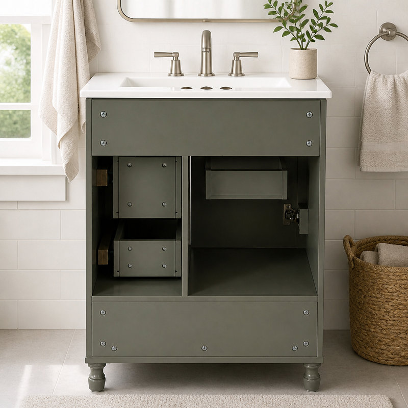 Meuble-lavabo moderne de 24 po avec lavabo en céramique, porte à fermeture douce, 3 tiroirs, poignées dorées et support de porte pour un rangement peu encombrant