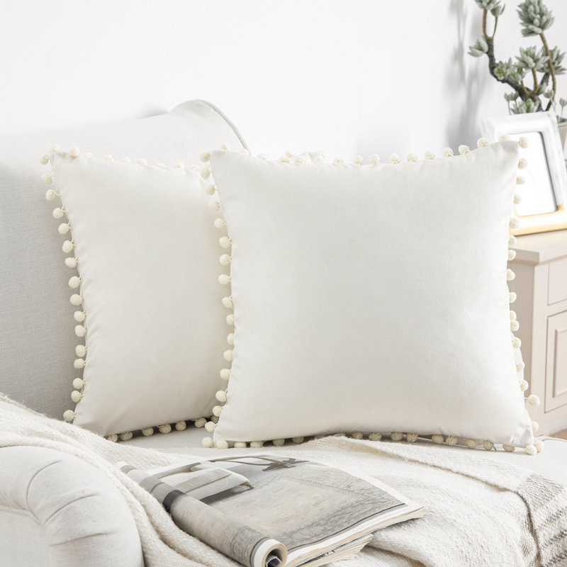 Off-White Velvet Pom Pom Decorative Throw Pillow Set, 22" x 22"