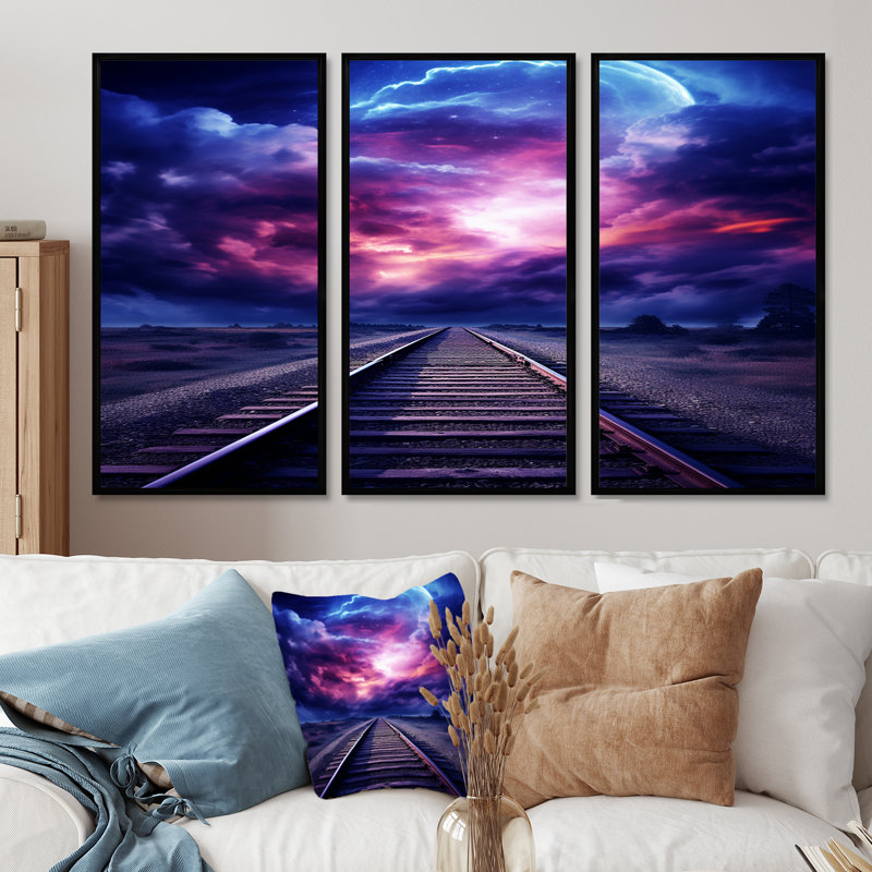 Lavande, train, rails, fuchsia, coucher de soleil I - ensemble d'art mural train, Cadre flottant noir