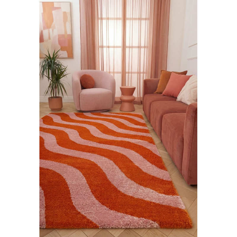 Joli Wavy Area Rug Soft Dense Pile for Living Rooms and Bedrooms, Rectangle 80 x 150 cm, Orange/Pink