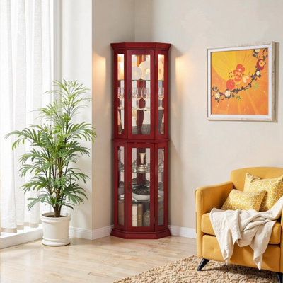 Lighted Corner Curio Cabinet with Tempered Glass Doors, Cherry Finish - Adjustable Shelves, Anti-Toppling Device, and Beaded Decor for Collectibles Display