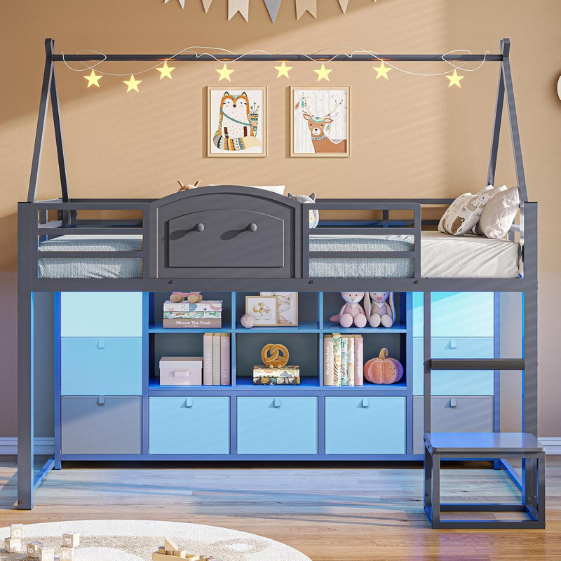 Lit mezzanine simple simple avec 9 tiroirs de rangement, bibliothèque et lumières DEL, lit mezzanine simple en métal en forme de maison avec marchepied et garde-corps, lit mezzanine pour enfants avec espace de jeu sous le lit