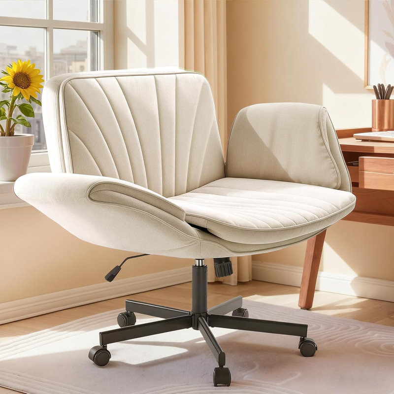 Criss Cross Chair With Wheels And Adjustable Arms，fabric Wide Cross Legged Office Chair，comfy Swivel Computer Desk Chair, Vanity Chair For Home,make Up,office