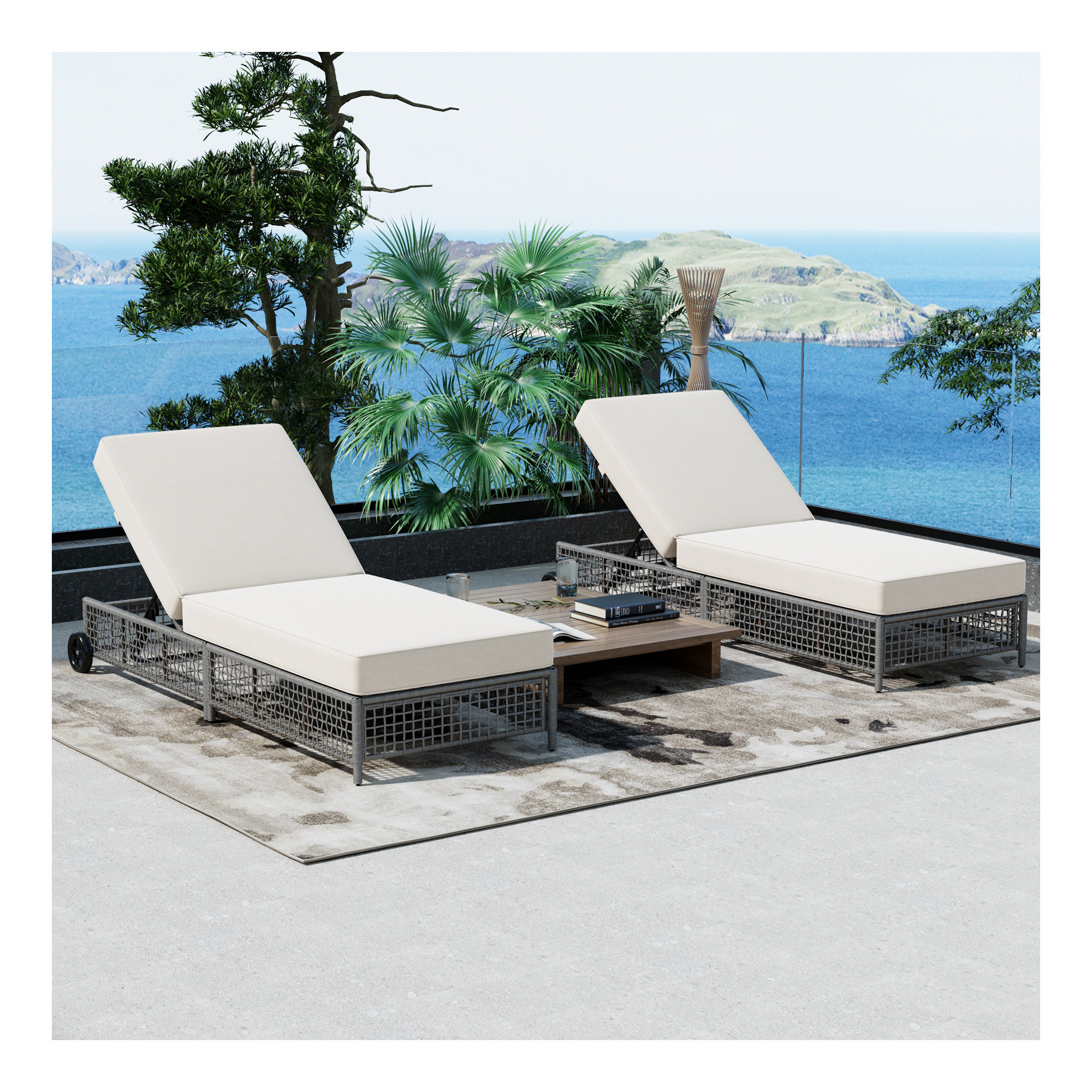 TREXM Outdoor Lounge Chair, Patio Chaise Lounge with 5-Position Backrest, Rattan Lounge Chair with Cushion and Wheels for Poolside, Backyard, Garden (Natural+Beige)