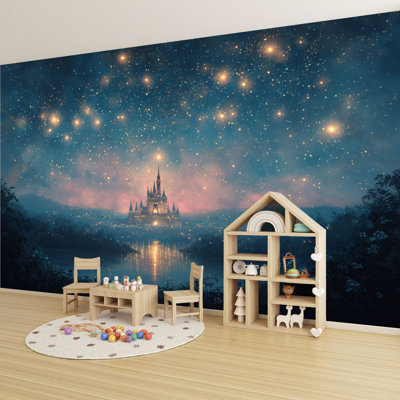 Peel and Stick Wallpaper 96" L x 69" W Modern Self Adhesive Wall Mural for Bedroom Magical Night Sky Glowing Stars Castle Serene Lake