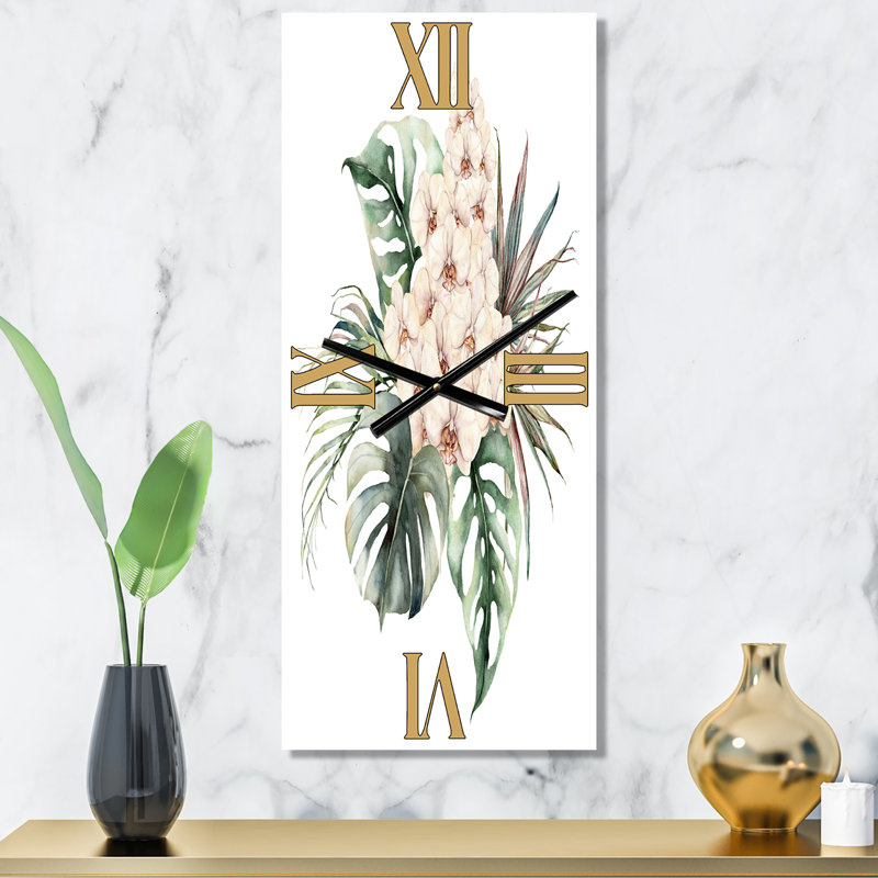 Horloge murale Bouquet avec orchidées Monstera et feuilles de noix de coco, Grand