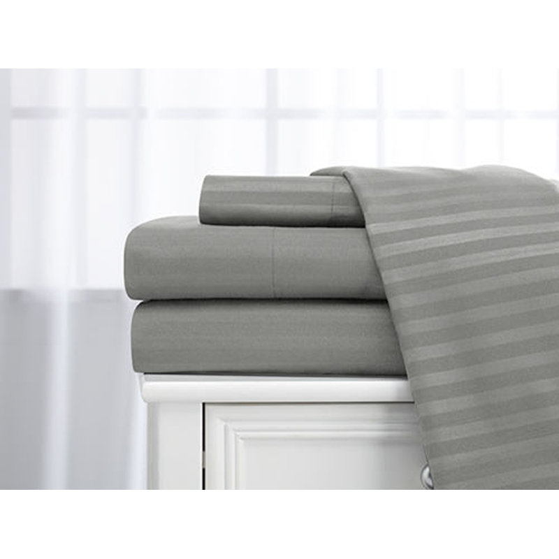 100% Cotton Sateen Striped Sheet Set, Queen Sheet Set + 2 Pillowcases, Silver