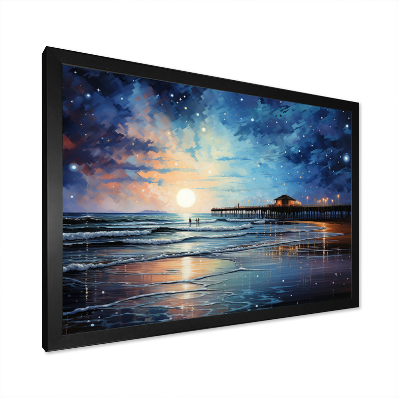 Sollis Beach Pier Reflections Pointillism II sur toile, H 12 po x l 20 po x P 1 po, Cadre photo noir