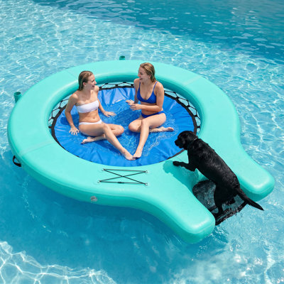 Inflatable Floating Dock With Boat Ramp, Mesh Water Hammock Lounger, 298CM Lake Float With Cup Holders, 3-4 Person Inflatable Platform For Pool, Sea, River, Party, Tanning, Pet-Friendly