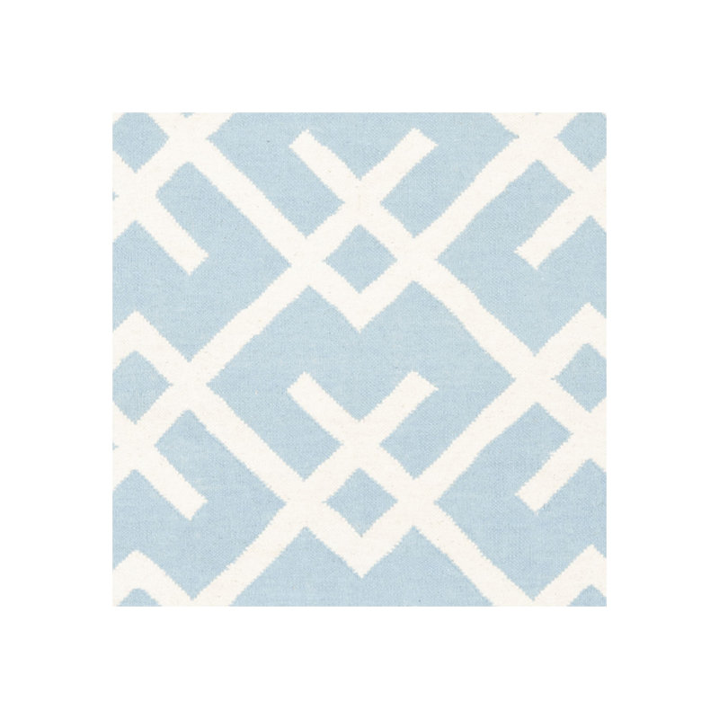 Fung Hand Woven Flat Weave Wool/Cotton Geometric Rug in Light Blue/Ivory, Square 6'