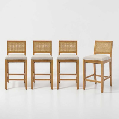 Amando Solid Wood Rattan-Back Bar Stools, Matte Linen Cushion with High-Resilience Foam & S-Springs